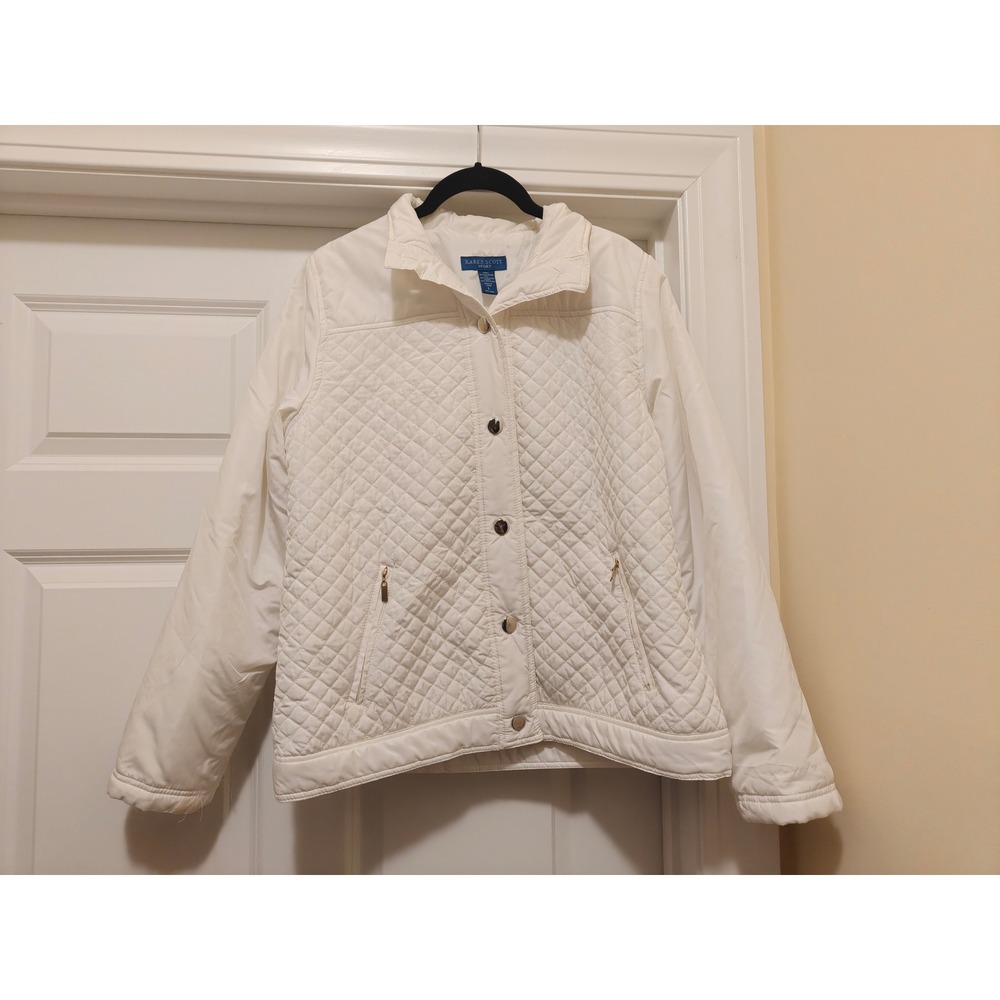 Karen Scott Sport Womens White Quilted Snap Front Jacket Stand Collar Large